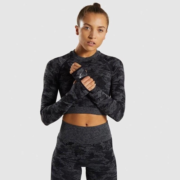 Gymshark Tops - Gymshark Camo Seamless Long Sleeve Crop Top Gray Women's Medium Large H13060